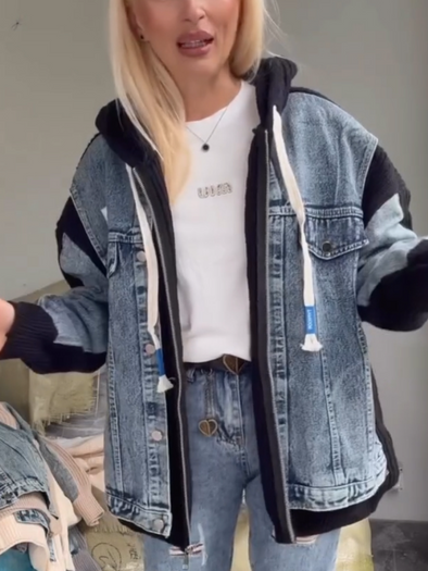 Women Round Neck Hooded Denim Splicing Sweater Casual Jacket
