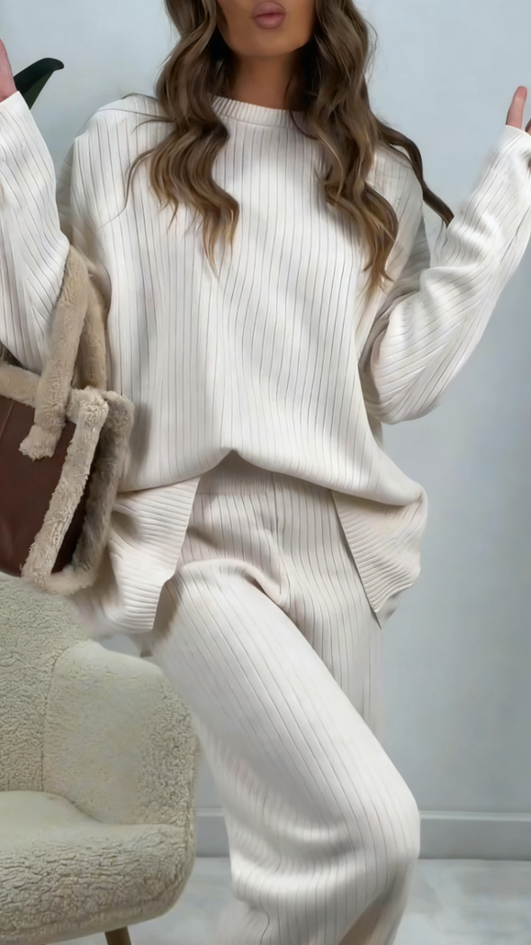 Women Round Neck Solid Color Casual Suit