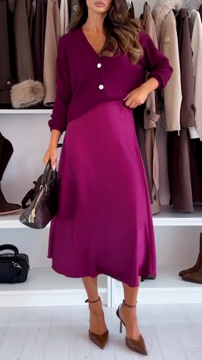 Women V-neck Knitted Top + Skirt Casual Set