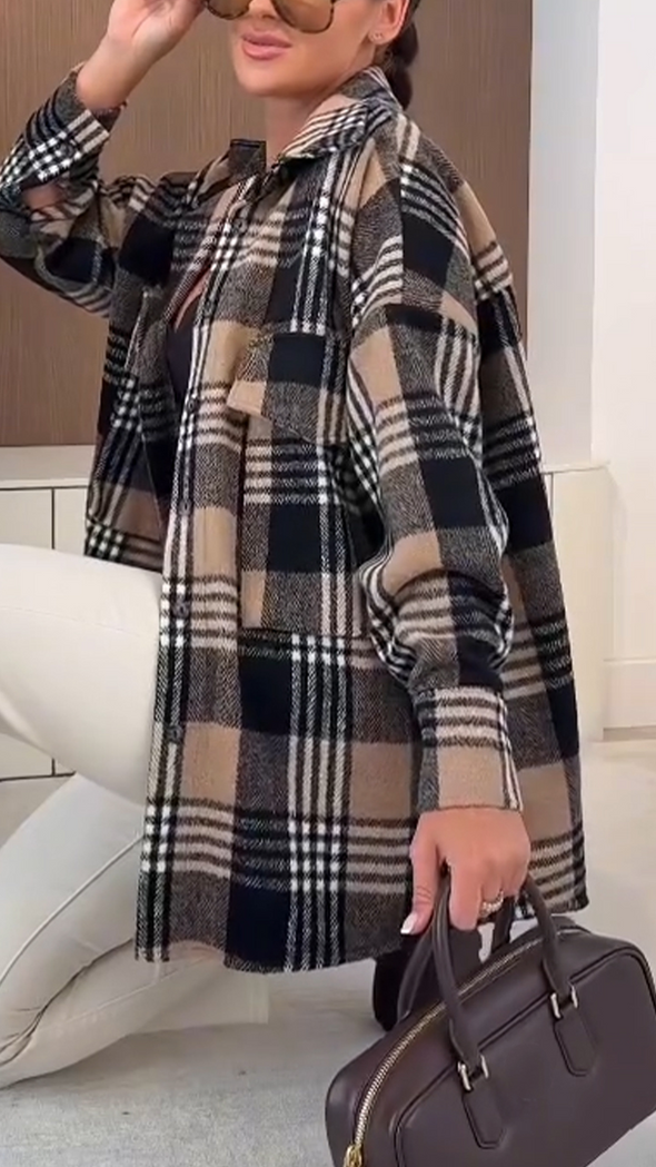 Women Lapel Plaid Casual Shirt