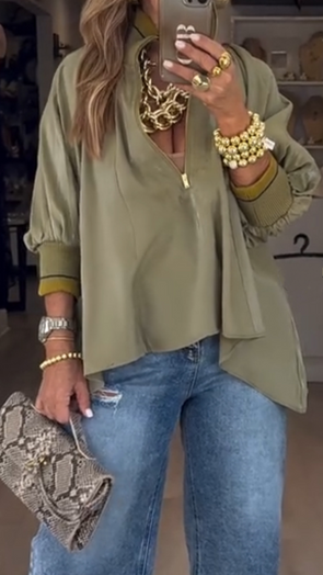 Womens Round Neck Half Zipper Casual Top