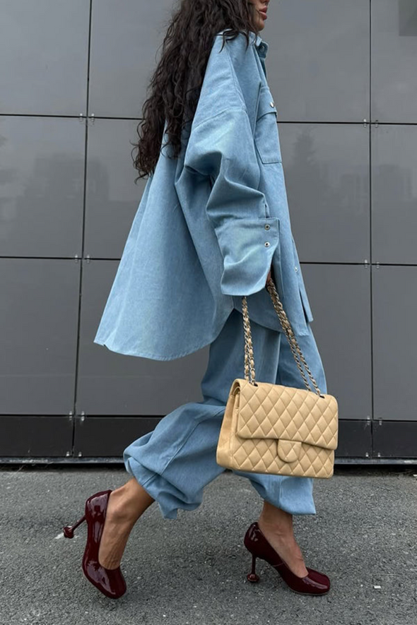 Womens Lapel Loose Top + Pants Casual Suit