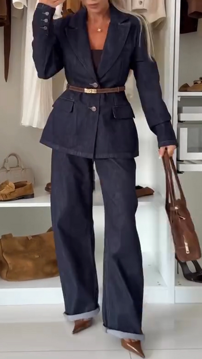 Ladies Collar Jacket+ Pants Casual Denim Suit