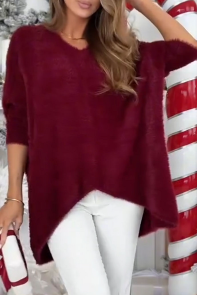 Women V-neck Solid Color Casual Sweater