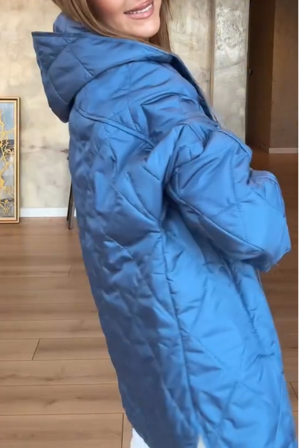 Women Hooded Plaid Solid Color Casual Jacket