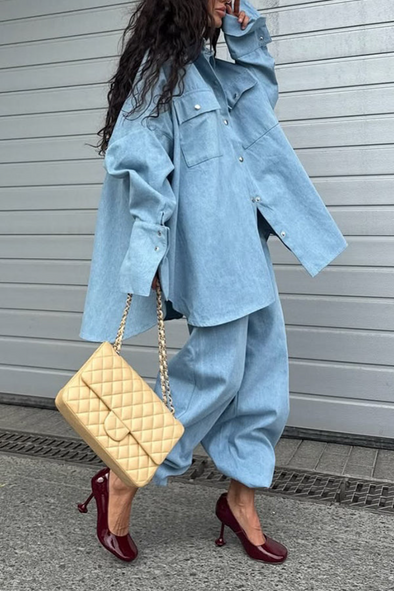 Womens Lapel Loose Top + Pants Casual Suit
