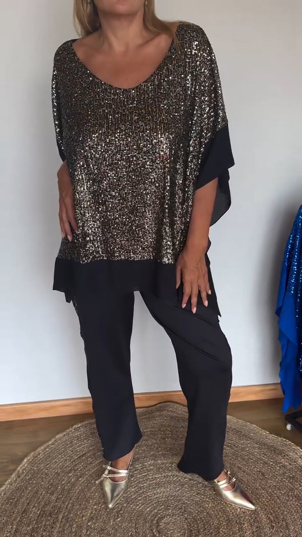 Women's Round Neck Sequined Bat Sleeve Casual Suit