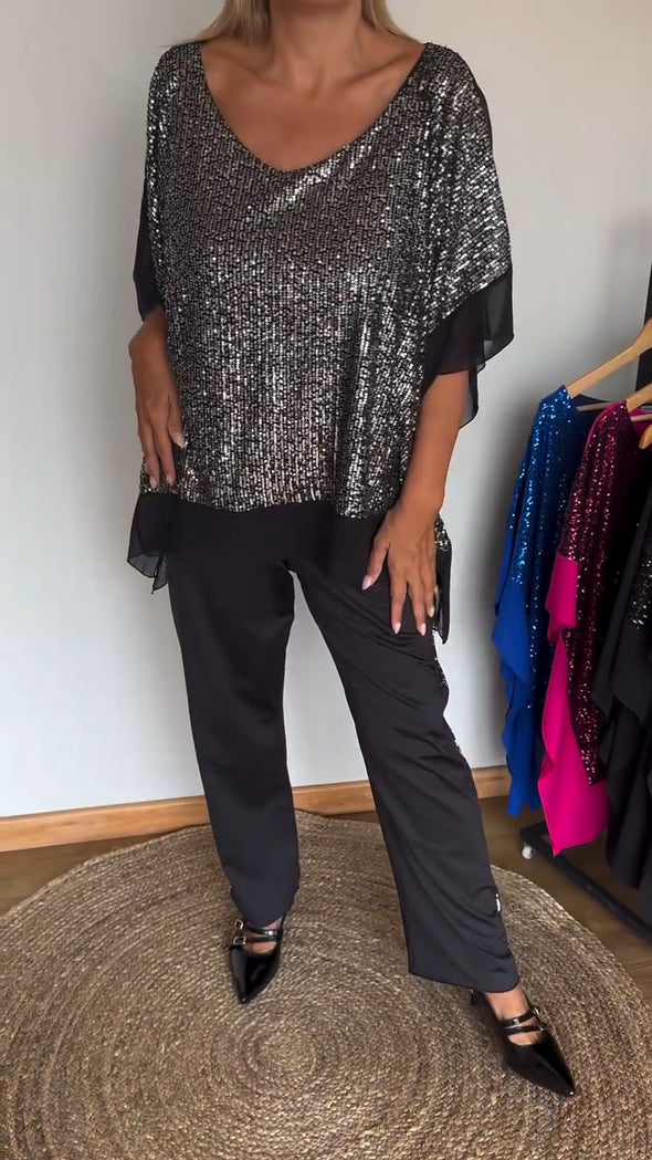 Women's Round Neck Sequined Bat Sleeve Casual Suit