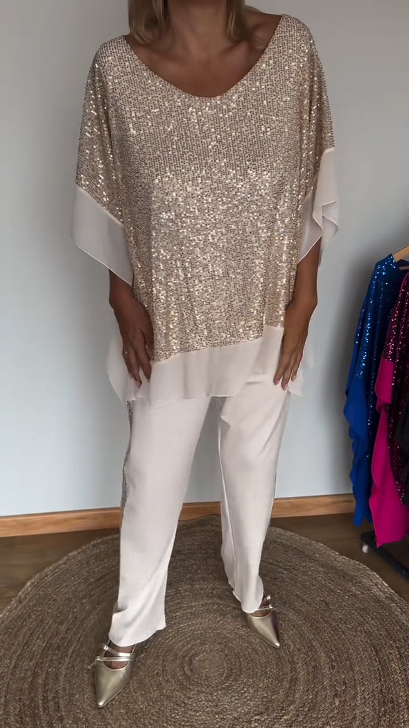 Women's Round Neck Sequined Bat Sleeve Casual Suit