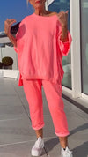 Women's Round Neck Slit Fluorescent Color Casual Suit