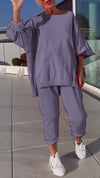 Women's Round Neck Slit Fluorescent Color Casual Suit