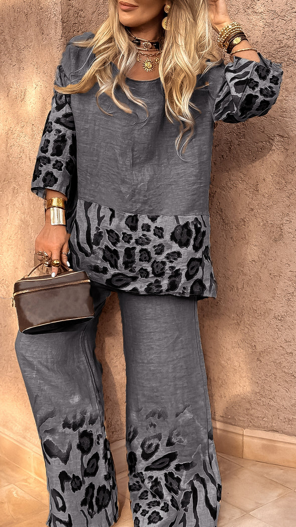 Women's Round Neck Leopard Print Cotton and Linen Casual Suit