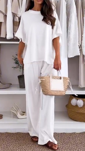 Ladies' Round Neck Solid Color Loose Casual Suit