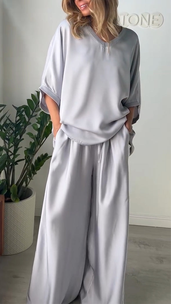 Women's V-neck Satin Loose Casual Suit