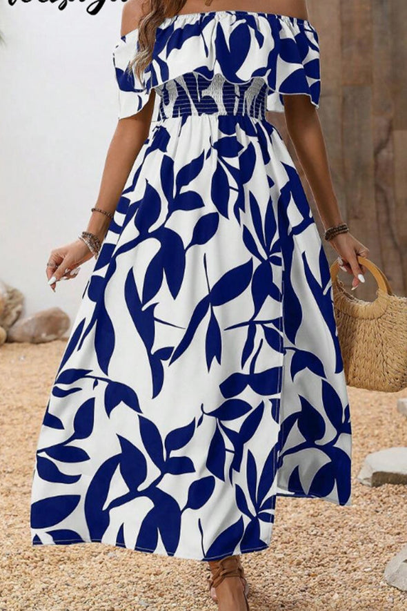 Ladies' One Collar Printed Slit Casual Dress