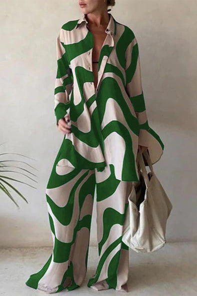 Ladies' Lapel Printed Top+pants Loose Casual Suit