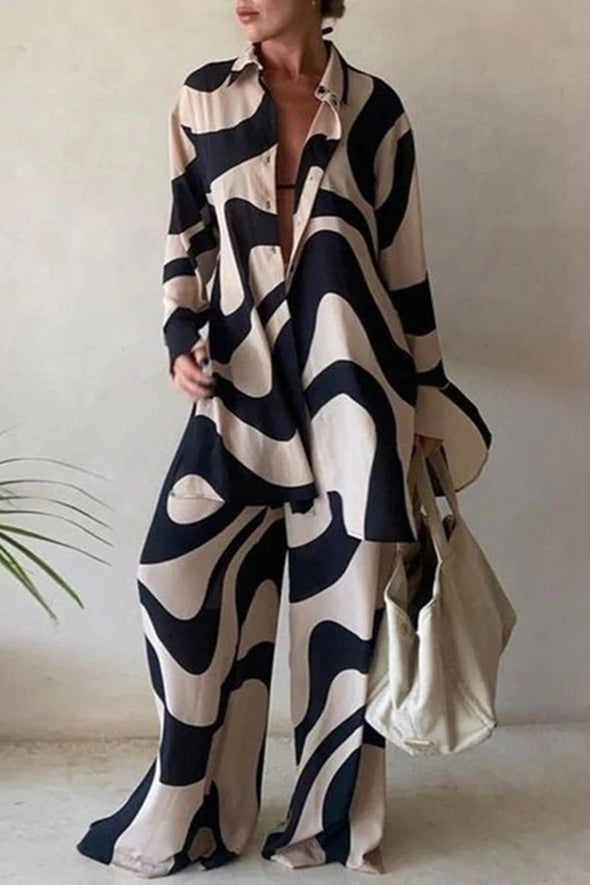 Ladies' Lapel Printed Top+pants Loose Casual Suit