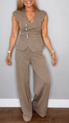 Women's V-neck Solid Color Waist Button Casual Suit