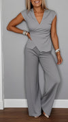 Women's V-neck Solid Color Waist Button Casual Suit