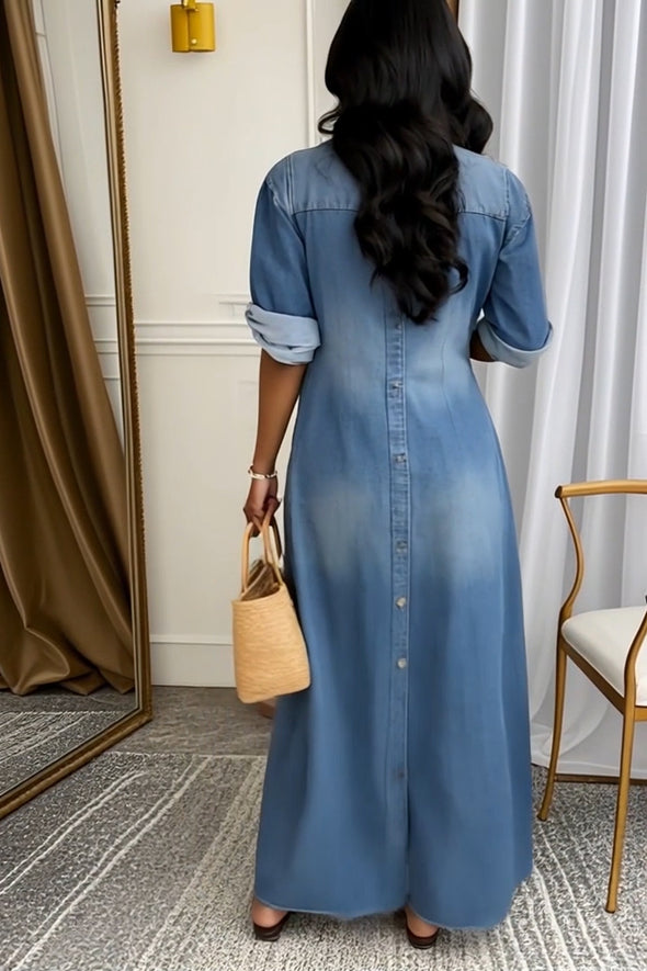 Ladies' Lapel Wash Water Splicing Pocket Casual Dress