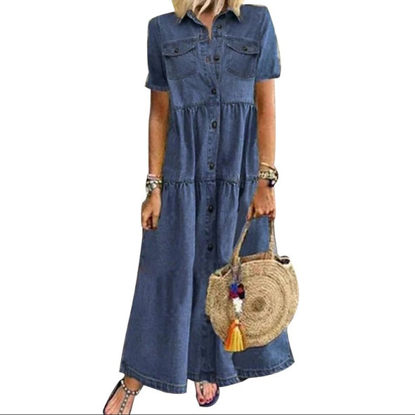 Ladies' Lapel Patchwork Buckle Printed Casual Dress