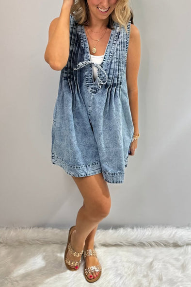 Women's V-neck Patchwork Pleated Washed Water Casual Short Jumpsuit