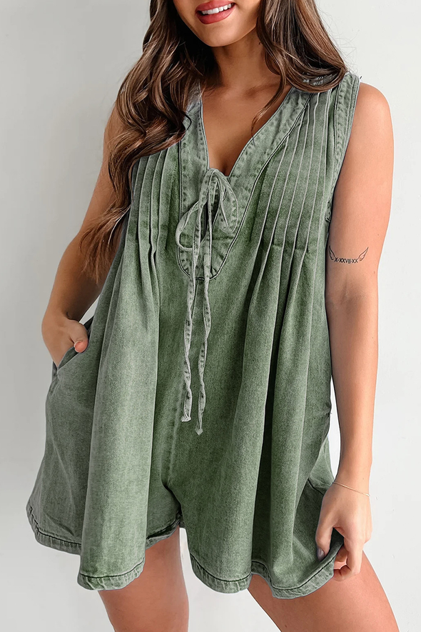 Women's V-neck Patchwork Pleated Washed Water Casual Short Jumpsuit