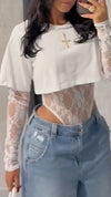 Ladies' Round Neck Patchwork Printed Lace Fake Two Piece Casual Tops