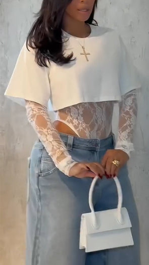 Ladies' Round Neck Patchwork Printed Lace Fake Two Piece Casual Tops