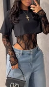 Ladies' Round Neck Patchwork Printed Lace Fake Two Piece Casual Tops