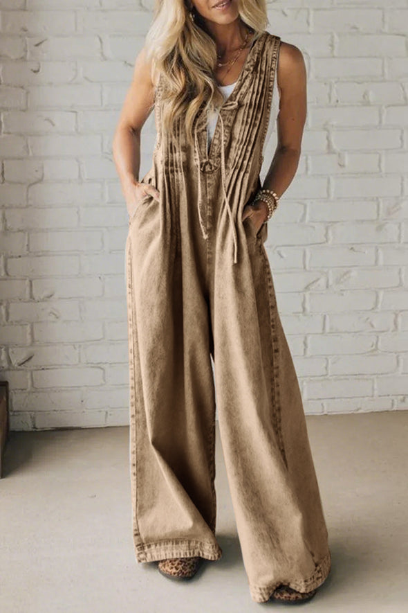 Ladies' Shoulder Strap Hollow Splicing Pleated Casual Jumpsuit