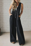 Ladies' Shoulder Strap Hollow Splicing Pleated Casual Jumpsuit