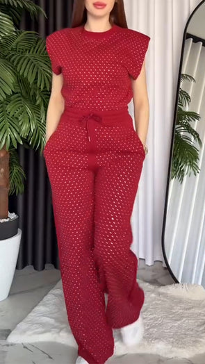 Ladies' Round Neck Solid Color Rhinestone Casual Set