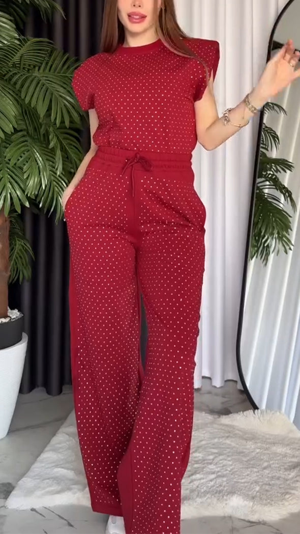 Ladies' Round Neck Solid Color Rhinestone Casual Set