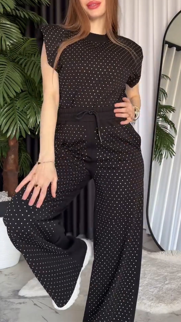 Ladies' Round Neck Solid Color Rhinestone Casual Set
