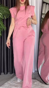 Ladies' Round Neck Solid Color Rhinestone Casual Set
