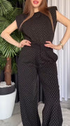 Ladies' Round Neck Solid Color Rhinestone Casual Set