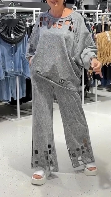 Ladies' Round Neck Hollowed Out Top+ Pants Loose Casual Suit