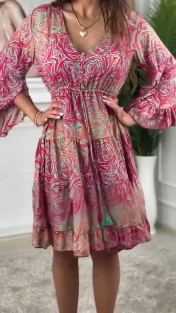 Ladies' V-neck Patchwork Different Printed Casual Dress