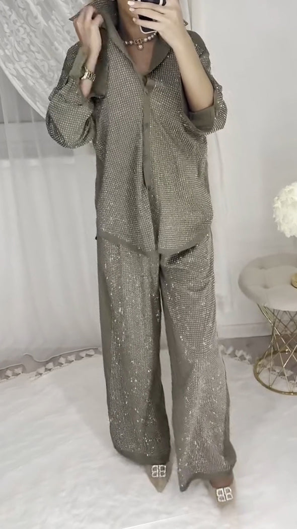Ladies' Collar Hot Pressed Diamond Splicing Top+ Pants Casual Set
