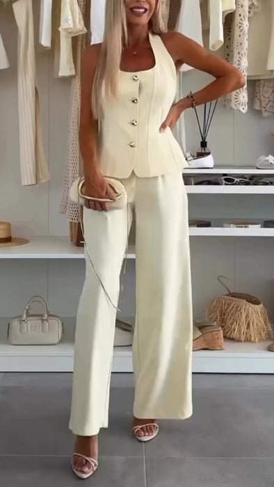 Ladies' Neck Hanging Buckle Top+ Pants with A Casual Temperament Suit