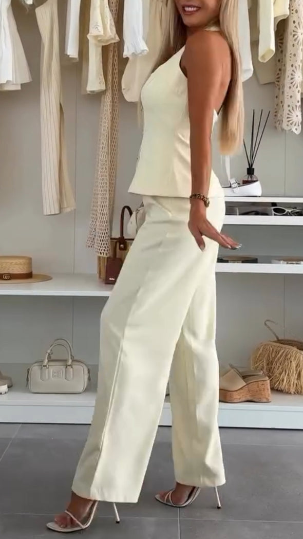 Ladies' Neck Hanging Buckle Top+ Pants with A Casual Temperament Suit