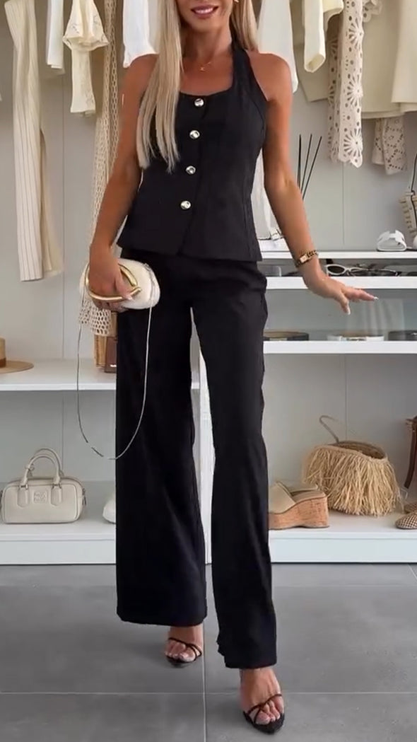 Ladies' Neck Hanging Buckle Top+ Pants with A Casual Temperament Suit