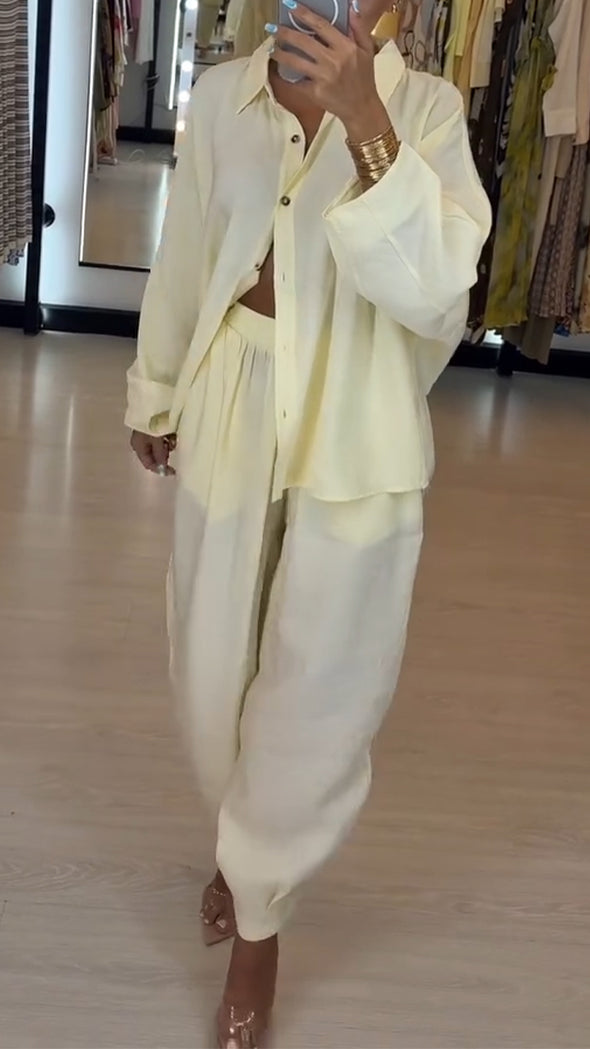 Ladies' Collar Shirt+ Pants Solid Color Casual Suit