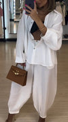 Ladies' Collar Shirt+ Pants Solid Color Casual Suit