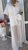 Ladies' Collar Printed Hollow Top+ Pants Casual Set