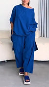 Women's Round Neck Irregular Long Top+ Pants Casual Suit