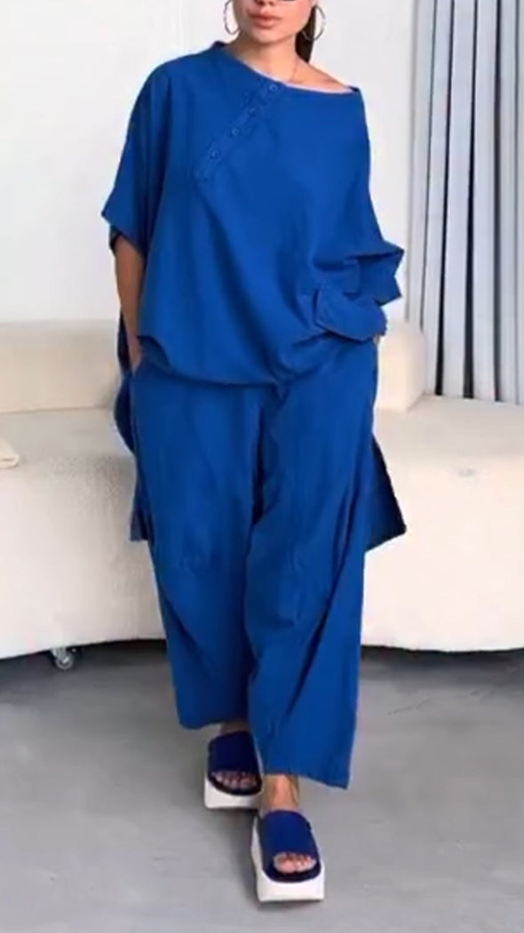 Women's Round Neck Irregular Long Top+ Pants Casual Suit