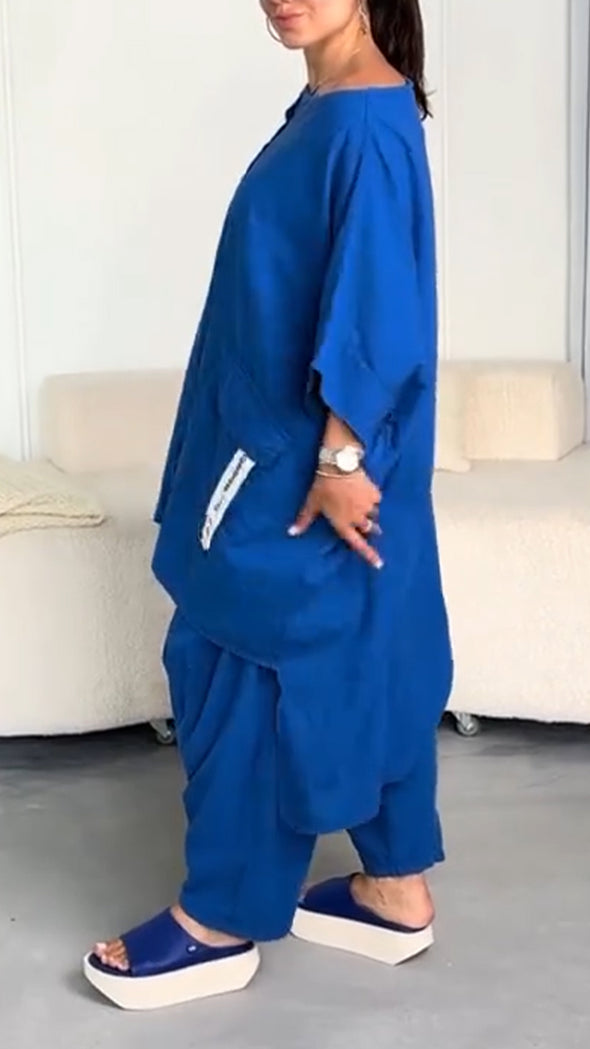 Women's Round Neck Irregular Long Top+ Pants Casual Suit