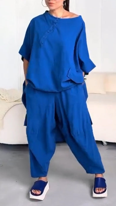 Women's Round Neck Irregular Long Top+ Pants Casual Suit